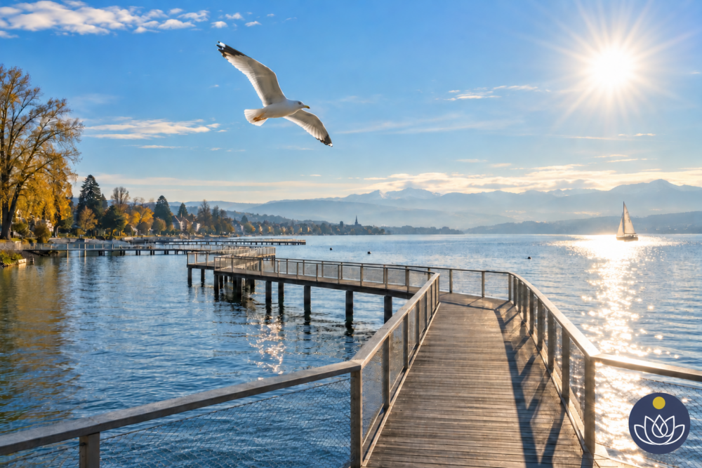 Cassiopeia-Steg in Zürich mit Sonnenlicht und fliegender Möwe
