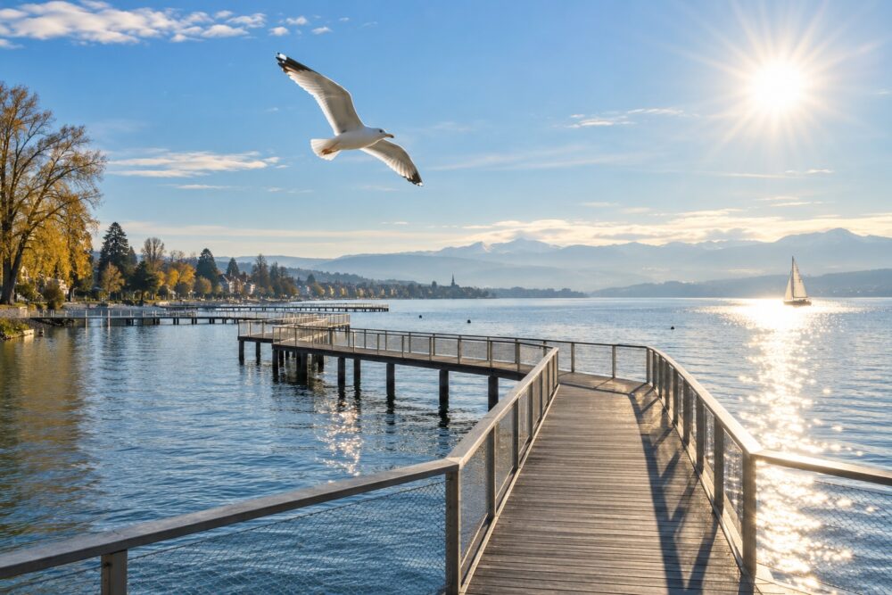 Cassiopeia-Steg am Zürichsee im Sonnenlicht mit einer Möwe über dem Wasser.